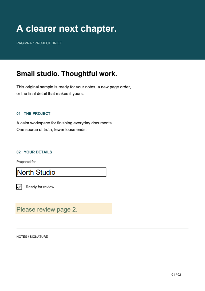 A finished PDF page with a filled-in form field and a review note