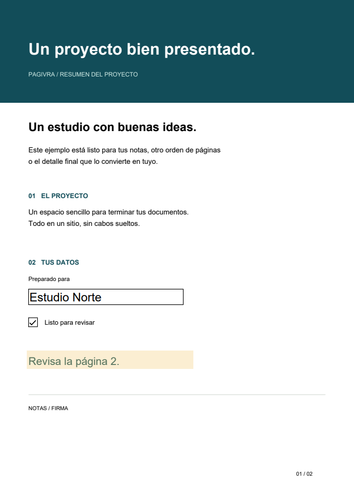 Una página PDF terminada con un campo del formulario relleno y una nota de revisión